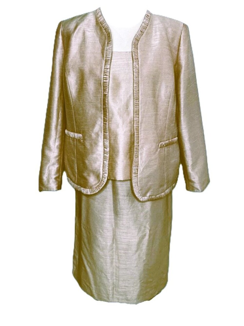 Kasper 3-Piece Skirt Suit Set 10P Gold Champagne Beige Shine Ruffle Trim Jacket